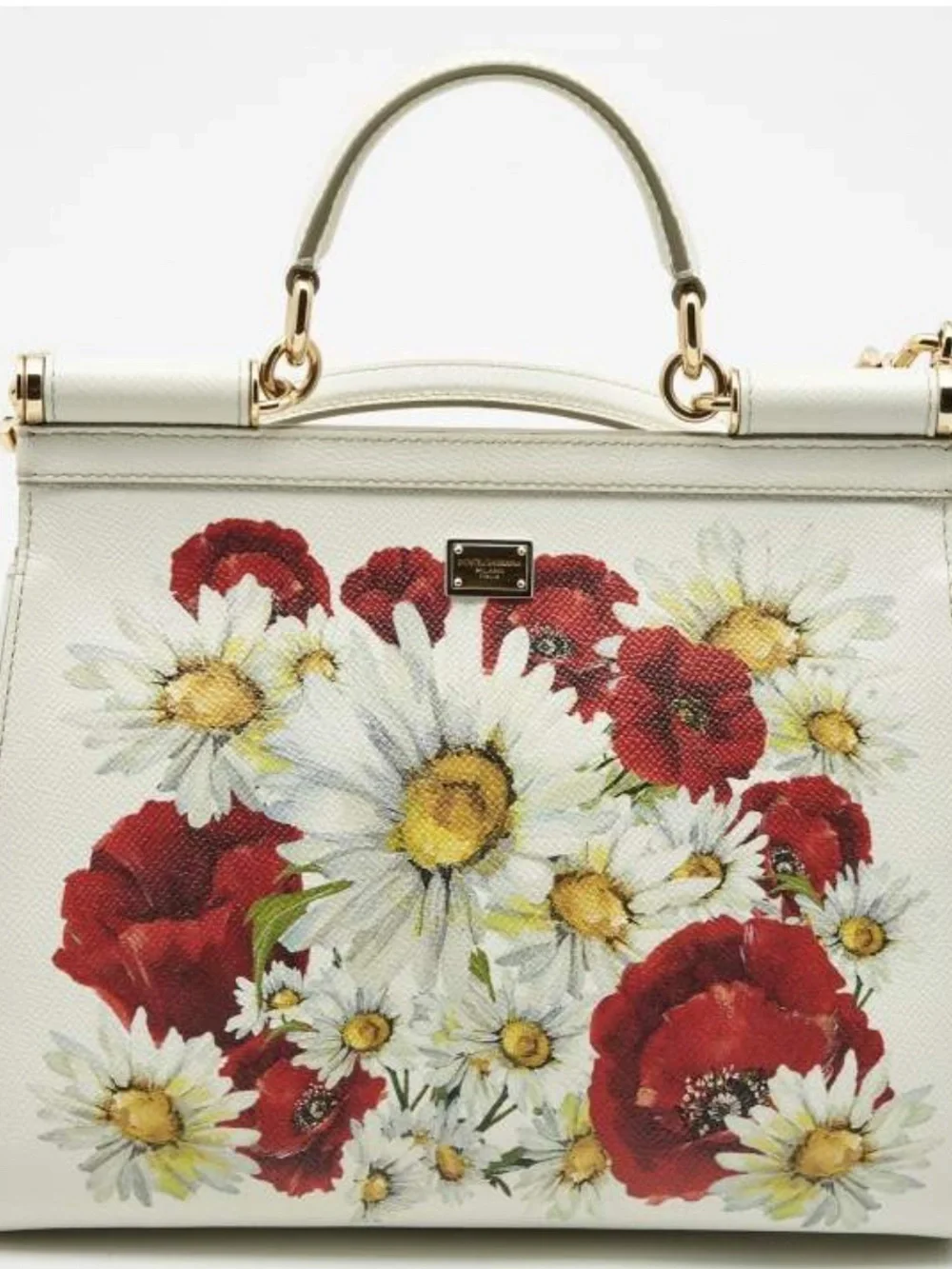 Dolce & Gabbana White Top-Handle Satchel with Red Poppy and Yellow Daisy Print
